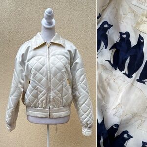 Escada Margaretha Ley white quilted satin bomber jacket penguin lining